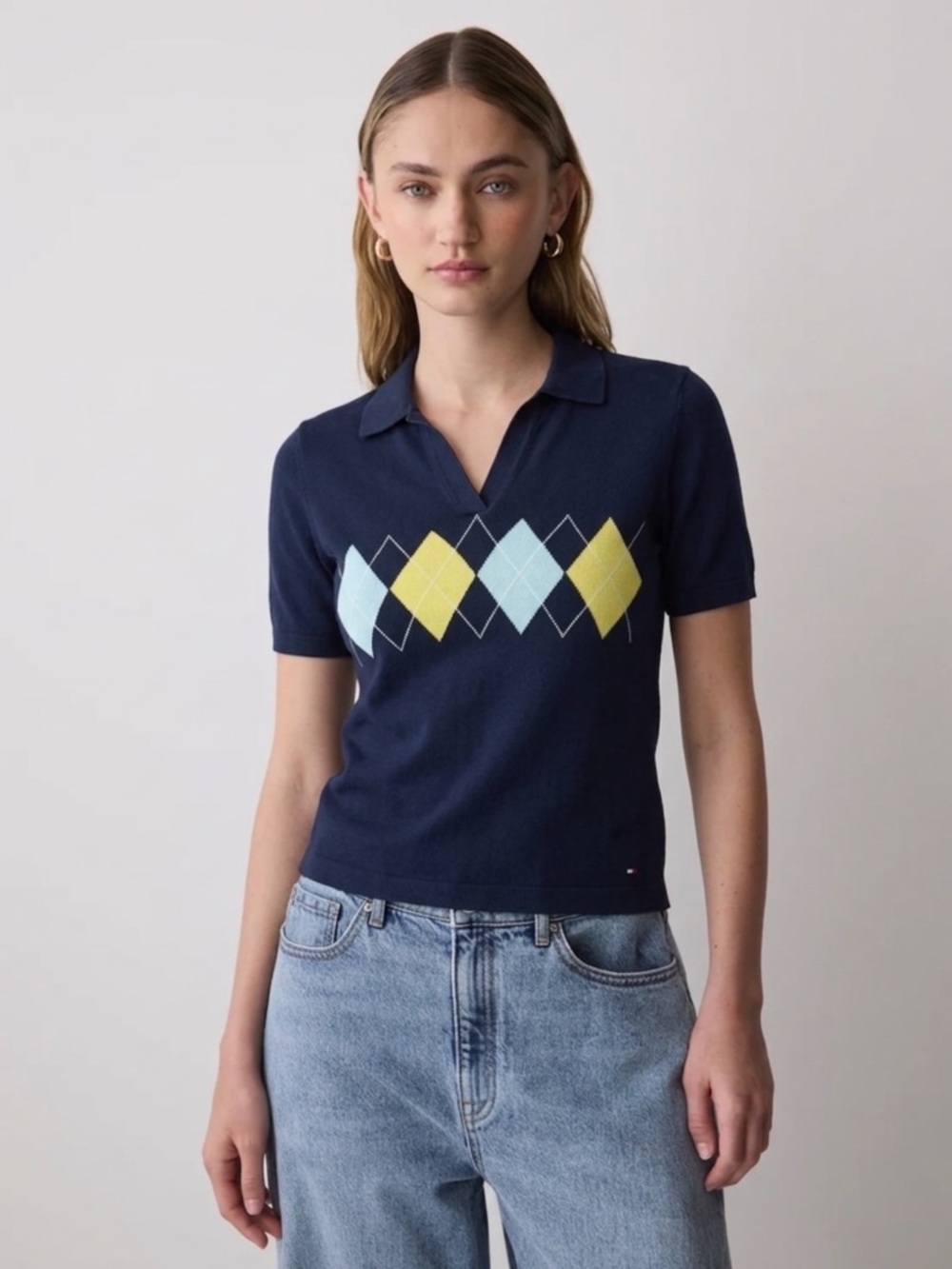 Tommy Hilfiger Argyle Polo Knit Shirt Navy Blue Yellow Short Sleeve Sz M Preppy
